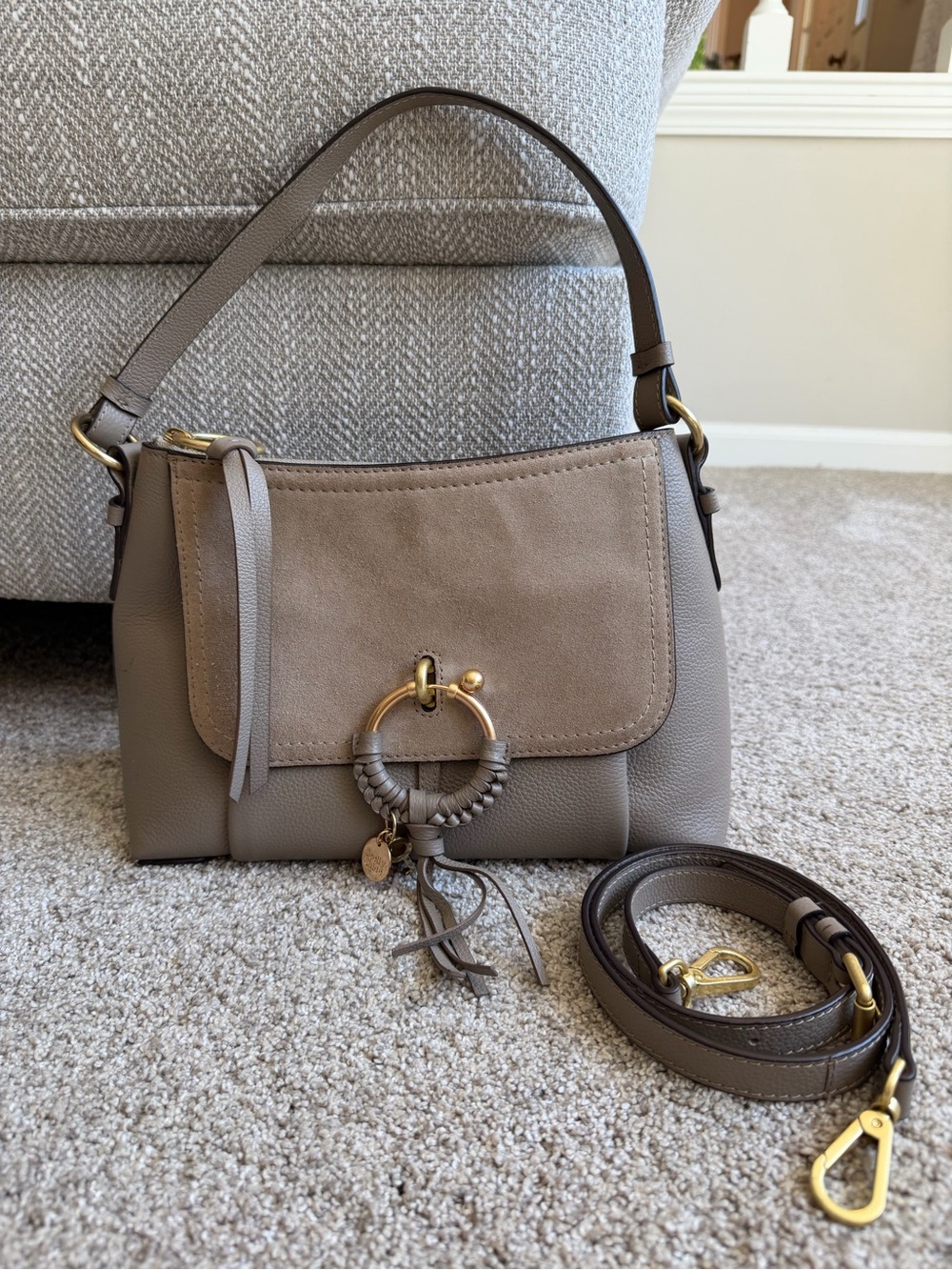 See by Chloé Joan Leather & Suede Shoulder / Crossbody Bag – Taupe Greige
